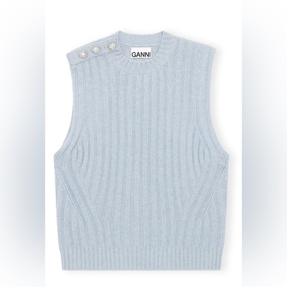 Ganni Light Blue Ribbed Knit Sleeveless Sweater Vest with Pearl Buttons